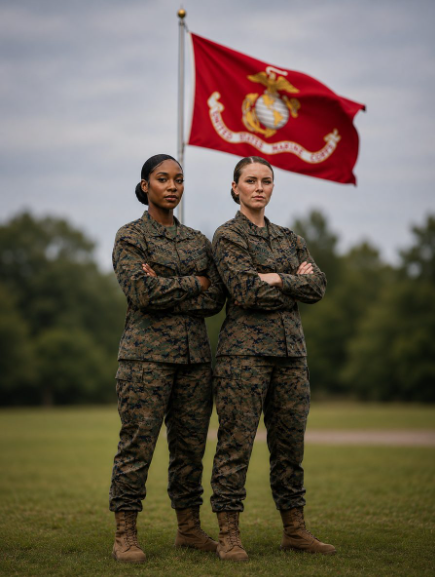Two Marines standing at attention beneath an American flag