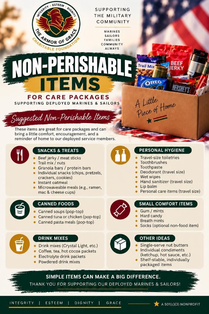Non-perishable items for care packages supporting deployed Marines and sailors — suggested items include snacks, personal hygiene products, canned foods, drink mixes, and small comfort items